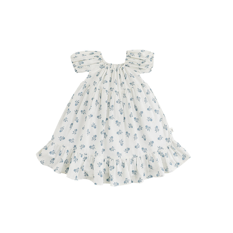 Front side of girls summer blue floral dress with square neck, puffed sleeve, and empire waist.