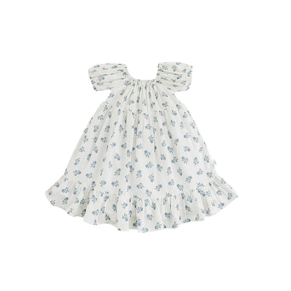 Front side of girls summer blue floral dress with square neck, puffed sleeve, and empire waist.