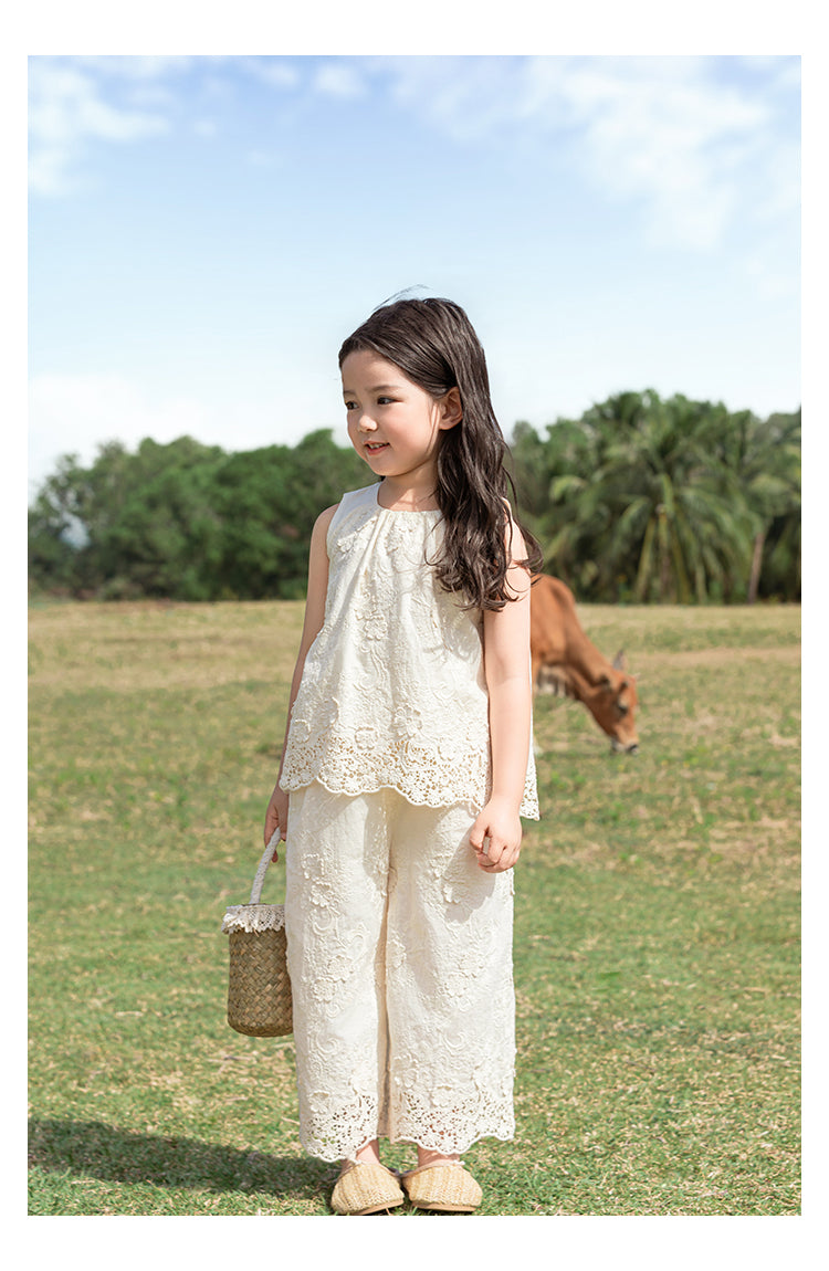 Girls Floral Embroidered Lace Top & Trousers Set, Ivory White