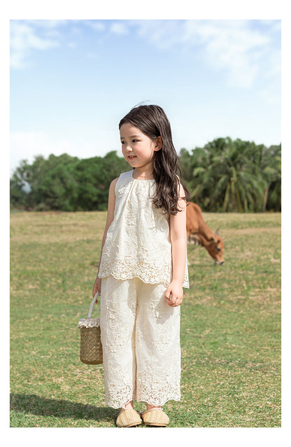 Girls Floral Embroidered Lace Top & Trousers Set, Ivory White