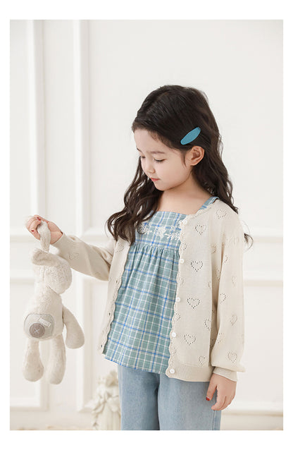 Girls lyocell heart pointelle knit cardigan for summer in light beige