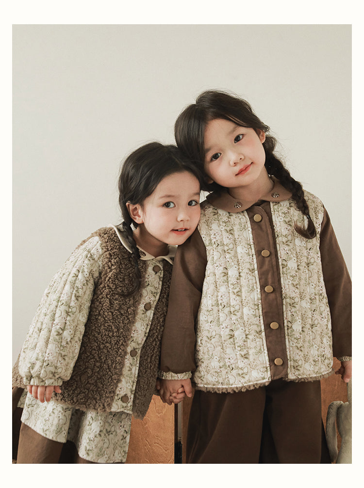 Girls Reversible Padded Teddy Coat, Cocoa Floral