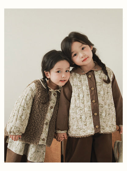 Girls Reversible Padded Teddy Coat, Cocoa Floral