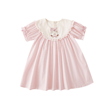 baby girls' pink cotton dress with embroidered chest and contrasting chest panel
