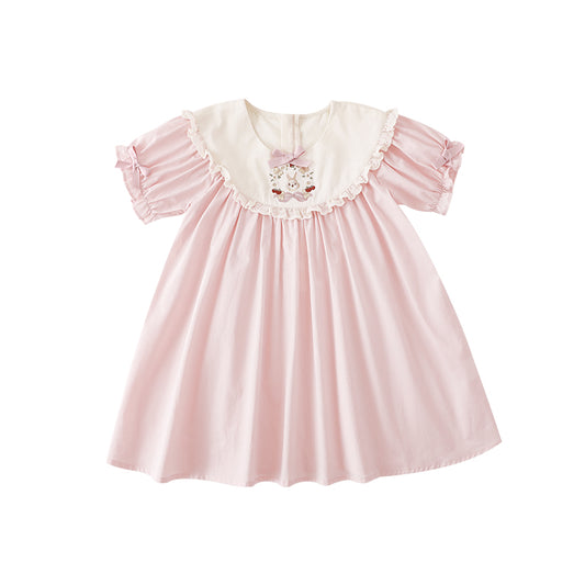 baby girls' pink cotton dress with embroidered chest and contrasting chest panel