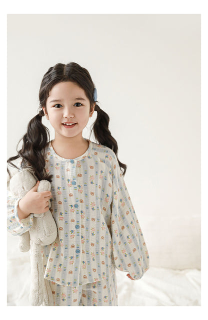 Girls Cotton Muslin Pyjama & Lounge Set, Bear & Floral Stripe
