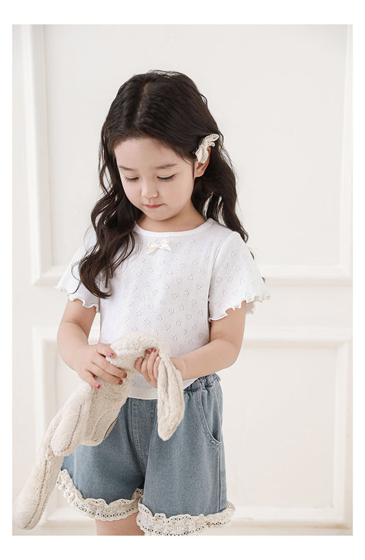 Girls Heart Pointelle Cropped T-Shirt, White
