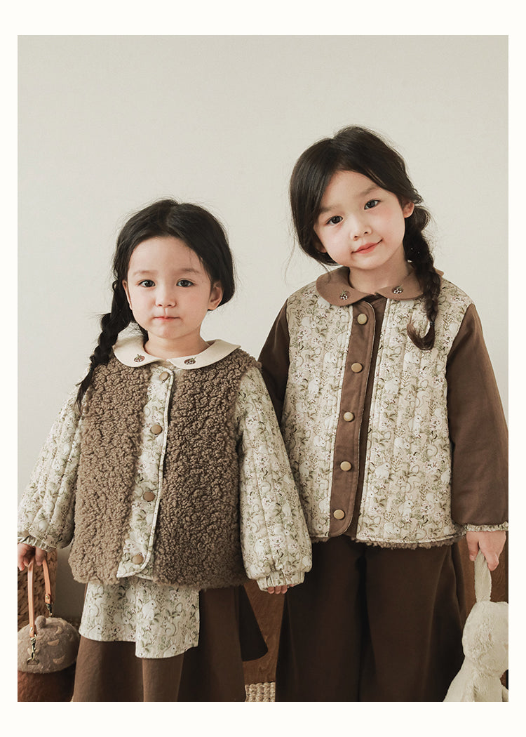 Girls Reversible Padded Teddy Coat, Cocoa Floral