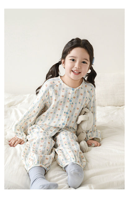 Girls Cotton Muslin Pyjama & Lounge Set, Bear & Floral Stripe