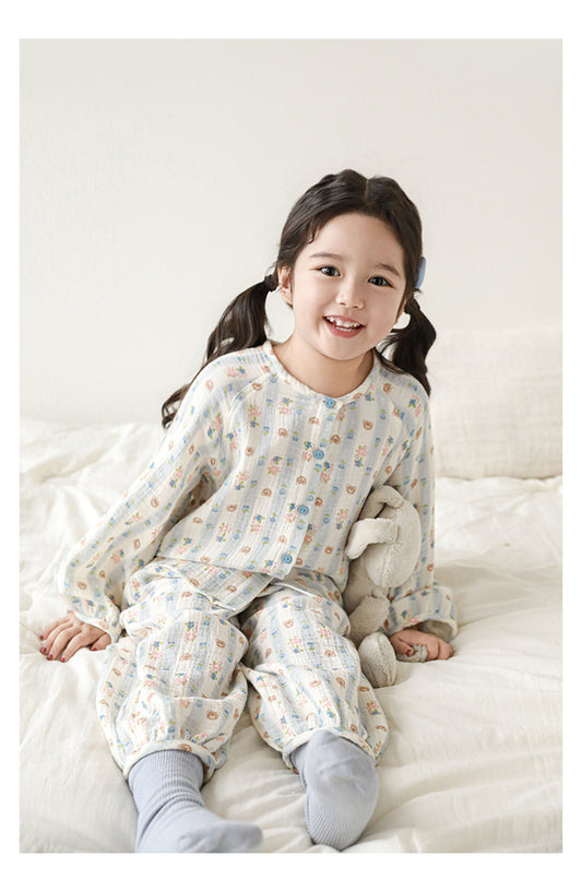 Girls Cotton Muslin Pyjama & Lounge Set, Bear & Floral Stripe
