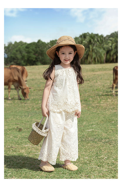 Girls Floral Embroidered Lace Top & Trousers Set, Ivory White