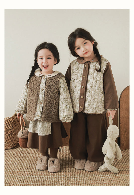 Girls Reversible Padded Teddy Coat, Cocoa Floral