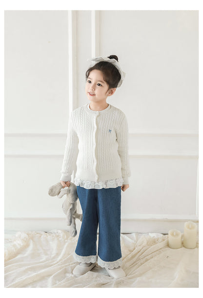 Girls Bow Embroidered Cable Knit Cardigan, Ivory