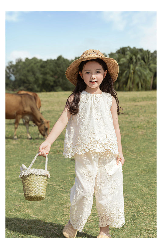 Girls Floral Embroidered Lace Top & Trousers Set, Ivory White
