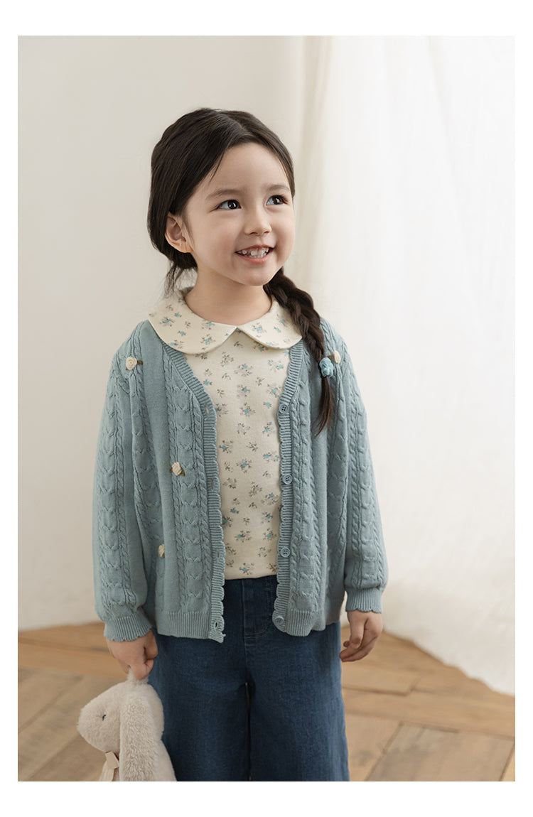 Baby Girl Floral Crochet Cable Knit Cardigan, Powder Blue