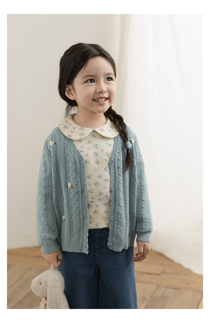 Baby Girl Floral Crochet Cable Knit Cardigan, Powder Blue