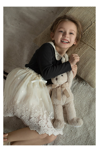 Girls Chiffon Layered Lace Skirt, Ivory