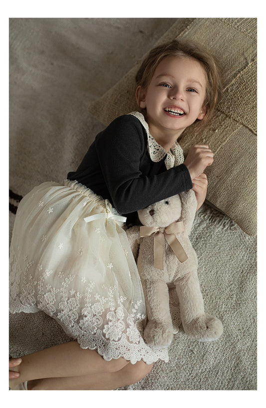 Girls Chiffon Layered Lace Skirt, Ivory