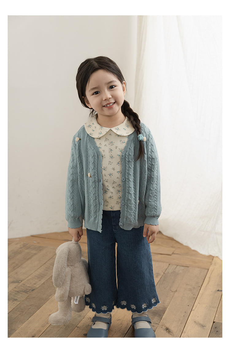 Baby Girl Floral Crochet Cable Knit Cardigan, Powder Blue