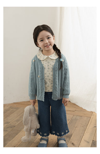 Baby Girl Floral Crochet Cable Knit Cardigan, Powder Blue