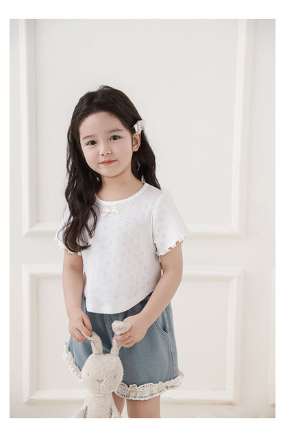 Girls Heart Pointelle Cropped T-Shirt, White