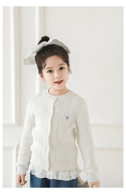 Girls Bow Embroidered Cable Knit Cardigan, Ivory