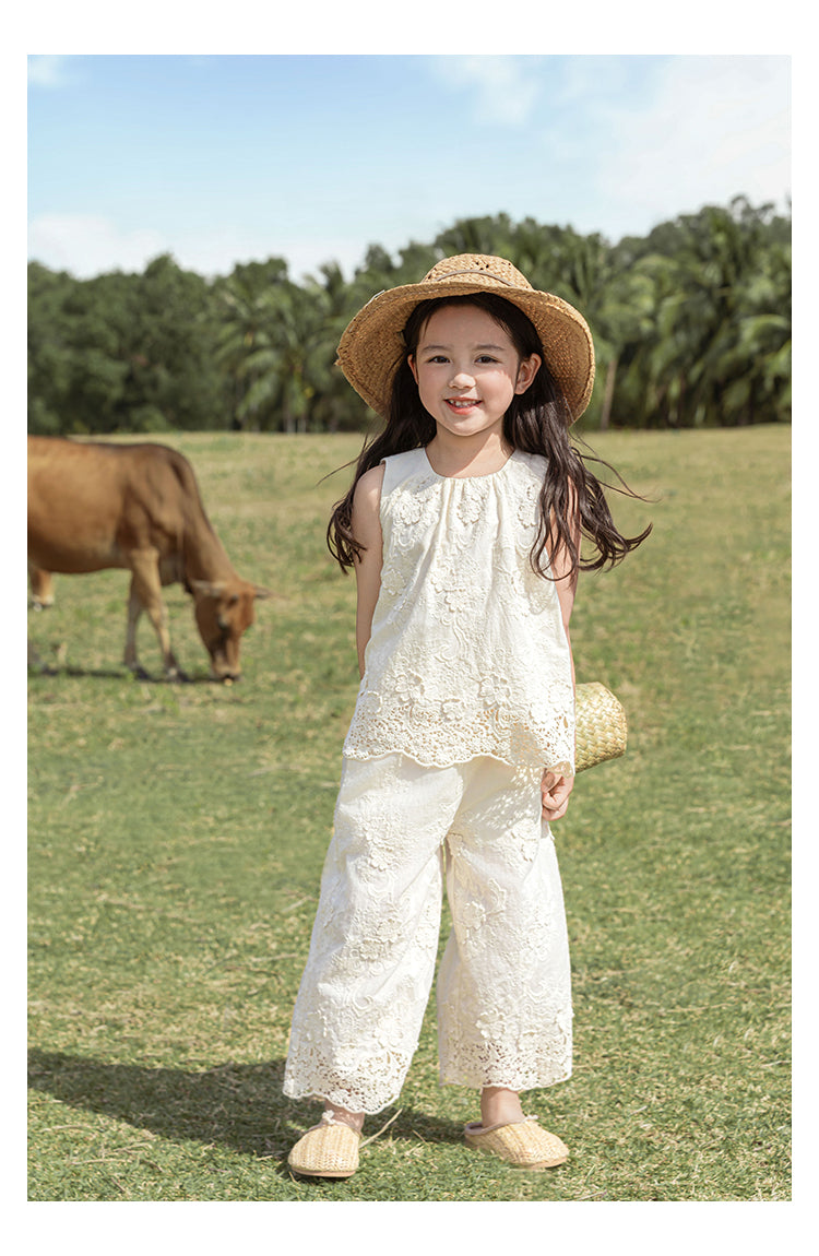 Girls Floral Embroidered Lace Top & Trousers Set, Ivory White