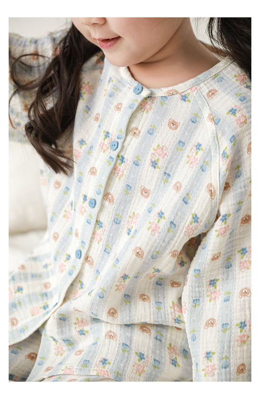 Girls Cotton Muslin Pyjama & Lounge Set, Bear & Floral Stripe