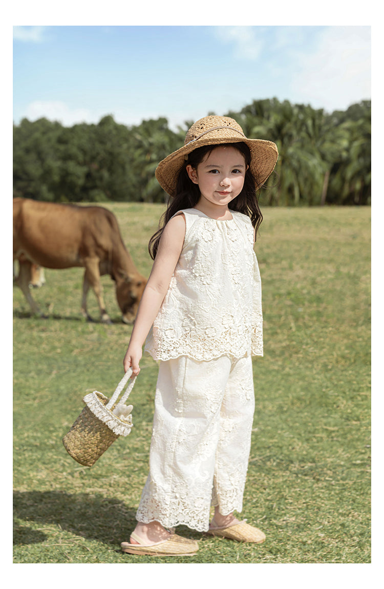 Girls Floral Embroidered Lace Top & Trousers Set, Ivory White