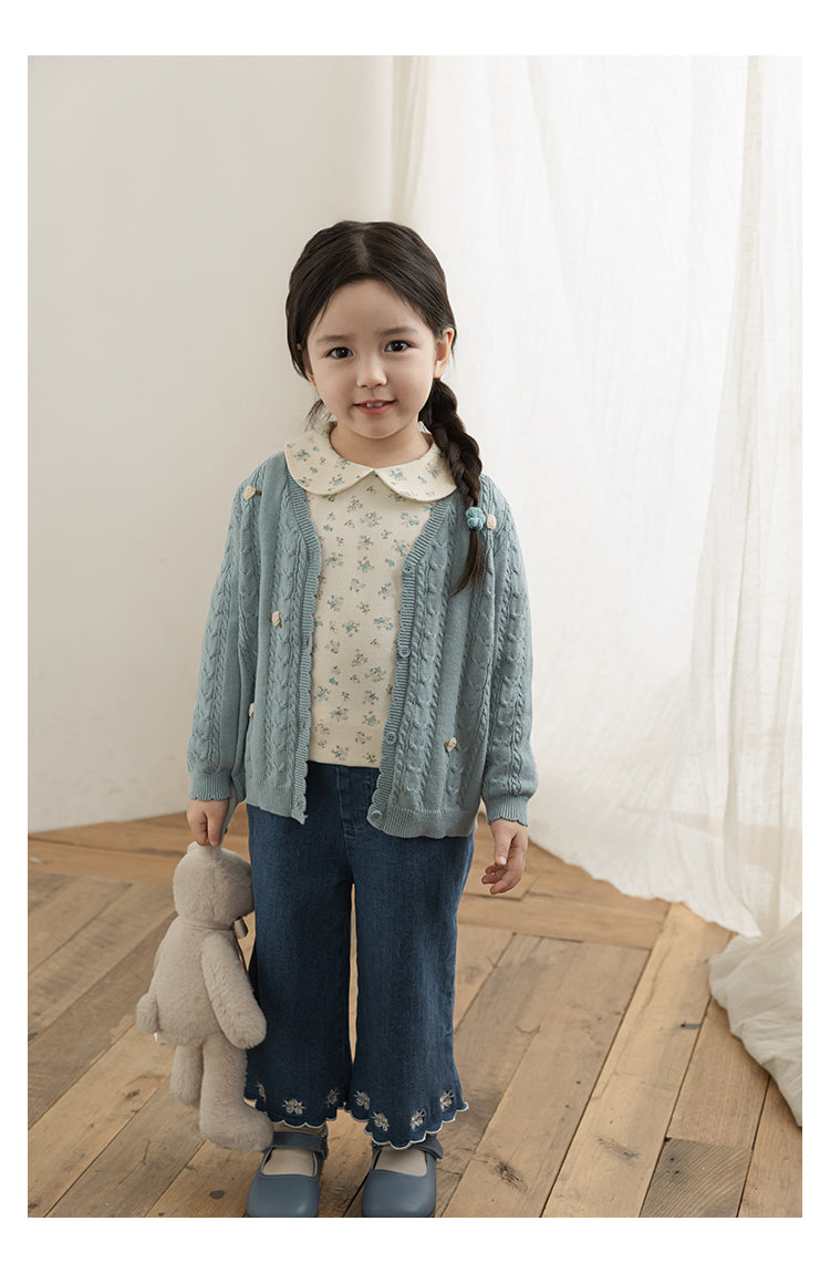 Baby Girl Floral Crochet Cable Knit Cardigan, Powder Blue
