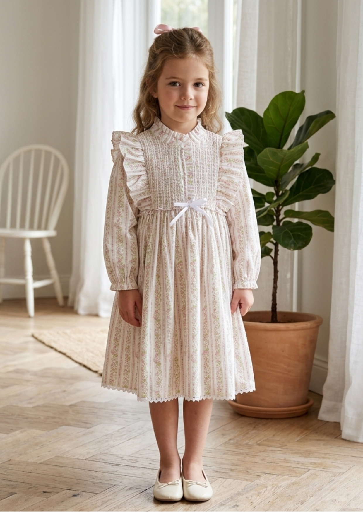 Rosalie Ruffled Smock Dress, Pink Floral Stripe