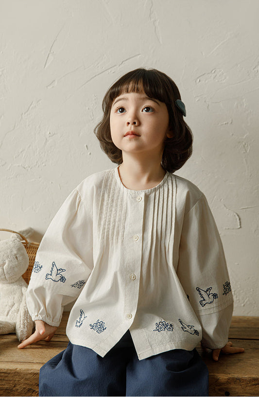 Embroidered Pintuck Blouse, Ivory