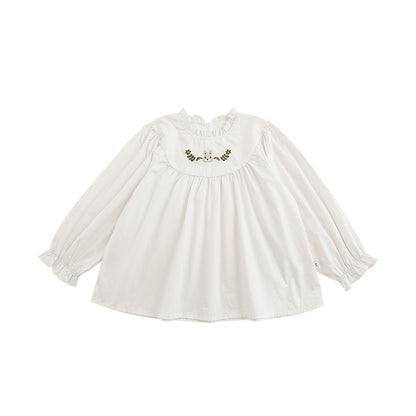 Pleated cotton blouse with delicate bunny embroidery