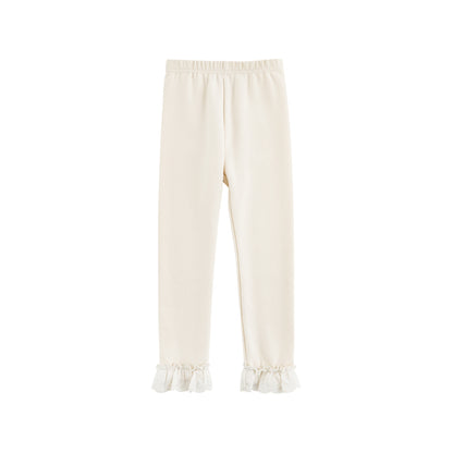 Girls Lace-Trim Cotton Leggings, Ivory