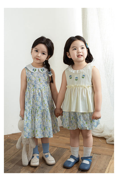 Girls Embroidered Collar Sleeveless Dress, Blue Floral