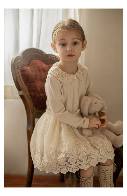Girls Lace Collar Ribbed Button-Front Blouse, Ivory