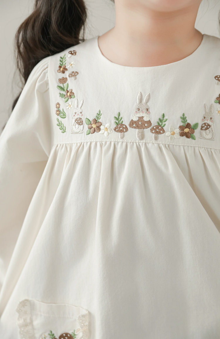 Girls Woodland Embroidered Dress, Ivory