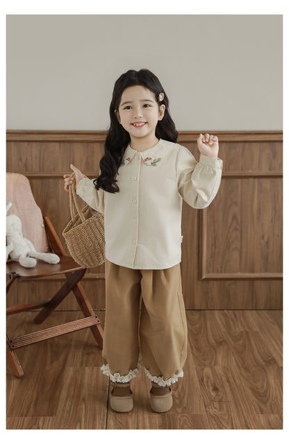 Girls Pleated Lace Hem Tapered Trousers, Camel