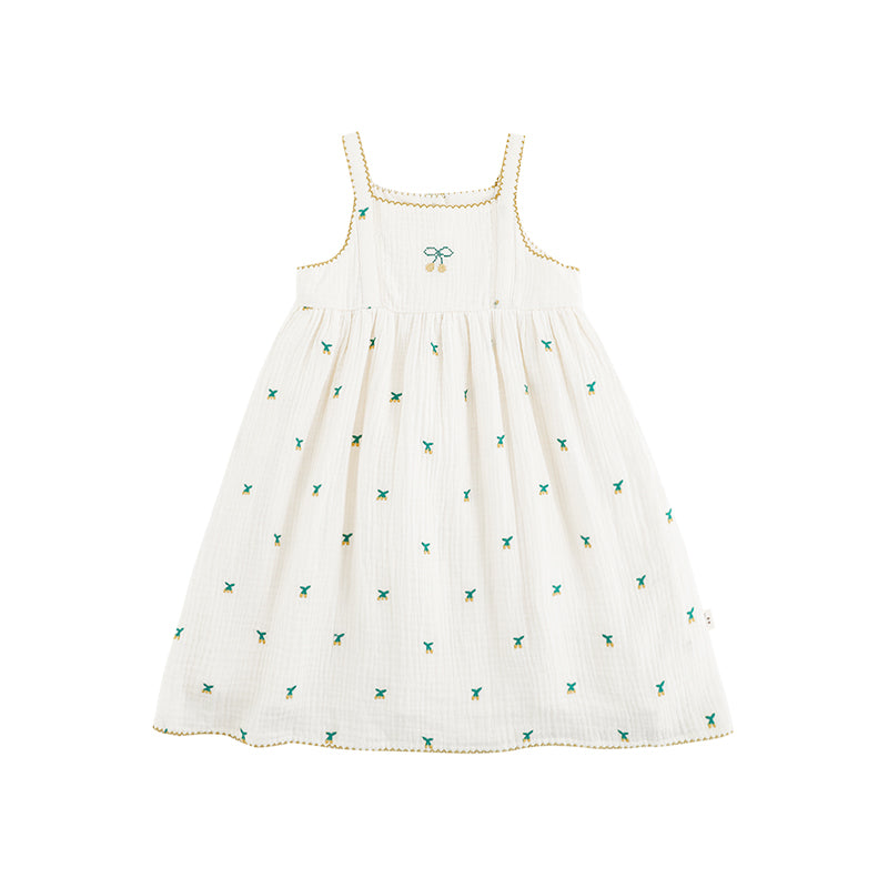 Baby Girl Cherry Embroidered Muslin Dress, Ivory