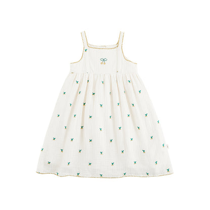 Baby Girl Cherry Embroidered Muslin Dress, Ivory