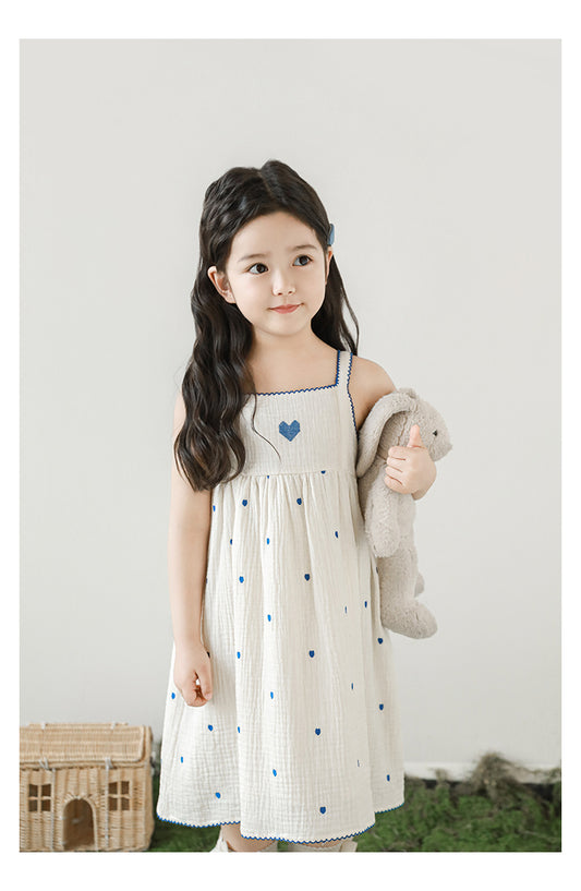 Baby Girl Muslin Strap Dress, Heart Embroidery
