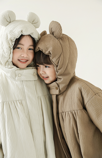 Girls Stripe Quilted Textured Puffer Coat, Mocha Beige