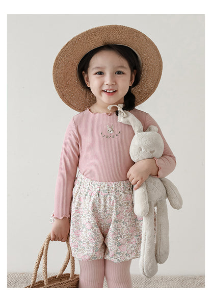 Baby Girl Bunny Embroidered Ribbed Top, Dusty Pink