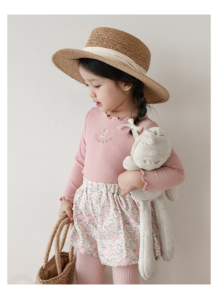 Baby Girl Bunny Embroidered Ribbed Top, Dusty Pink