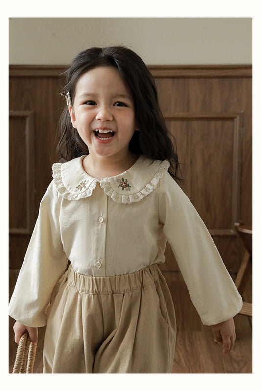 Girls Embroidered Collar Button-Down Blouse