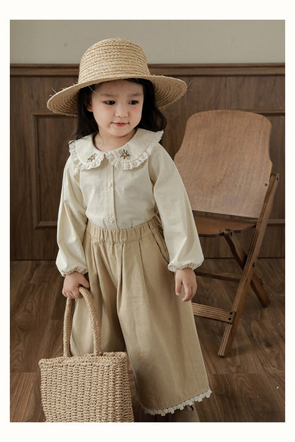 Girls Embroidered Collar Button-Down Blouse, Buttermilk