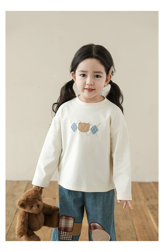 Girls Bear Patch Long Sleeve Top, Ivory White