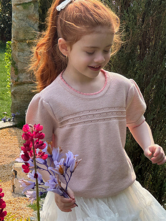 girls summer puff sleeve knit top in light pink