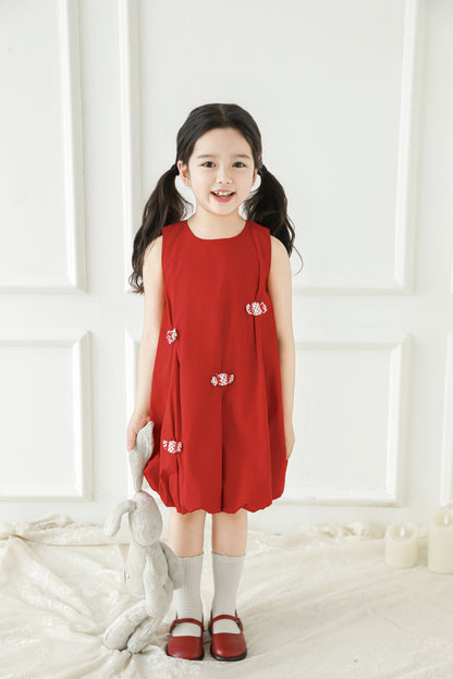 Girls Bubble Hem Candy Bow Dress, Berry Red