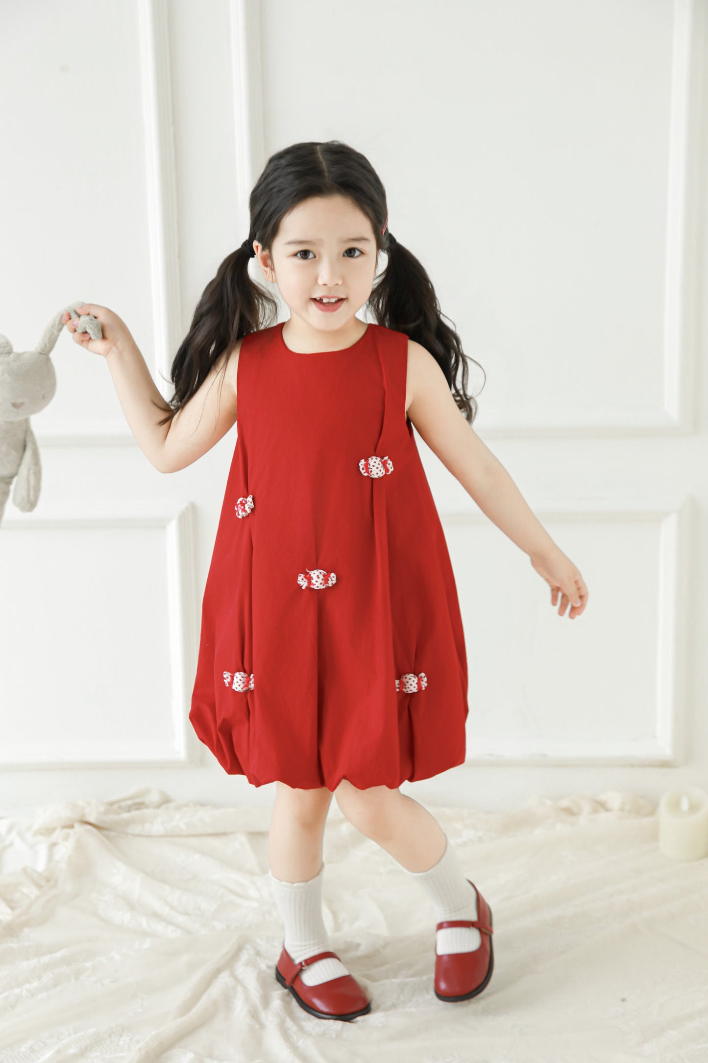 Girls Bubble Hem Candy Bow Dress, Berry Red